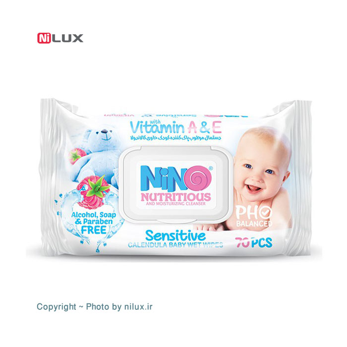 دستمال مرطوب کودک نینو مدل Sensitive بسته 70 عددی